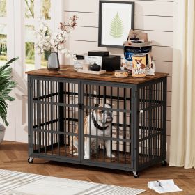 Furniture style dog crate wrought iron frame door with side openings, Rustic Brown, 38.4''W x 27.7''D x 30.2''H.