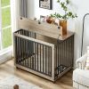 Furniture Style Dog Crate Side Table With Feeding Bowl, Wheels, Three Doors, Flip-Up Top Opening. Indoor, Grey, 43.7"W x 30"D x 33.7"H