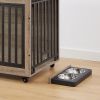 Furniture Style Dog Crate Side Table With Feeding Bowl, Wheels, Three Doors, Flip-Up Top Opening. Indoor, Grey, 43.7"W x 30"D x 33.7"H